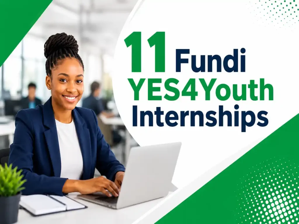 Fundi YES4Youth Internships 2026 promotional banner showing young South African interns working in a modern open-plan office using laptops and computers.