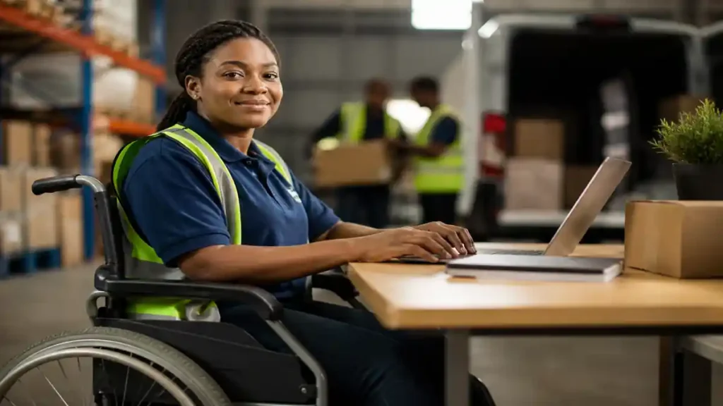 African female learner with a disability working in a logistics warehouse environment during a Bidvest International Logistics Learnership in South Africa.