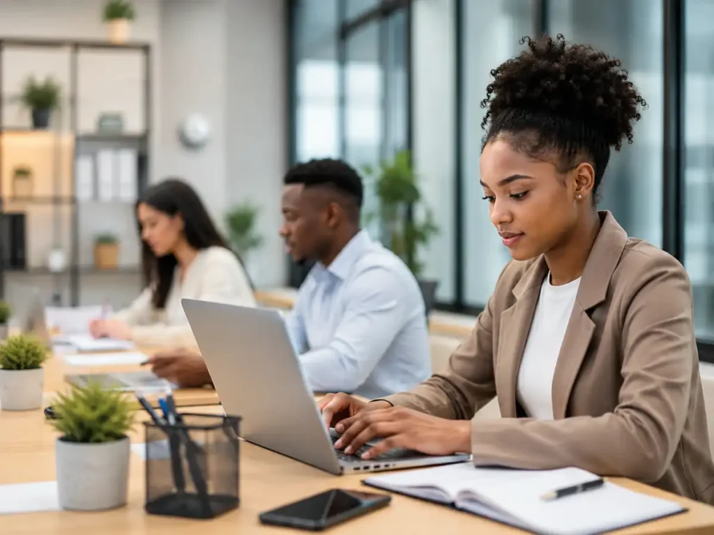 MANCOSA Payroll Internship – young professionals working on laptops in a modern office environment