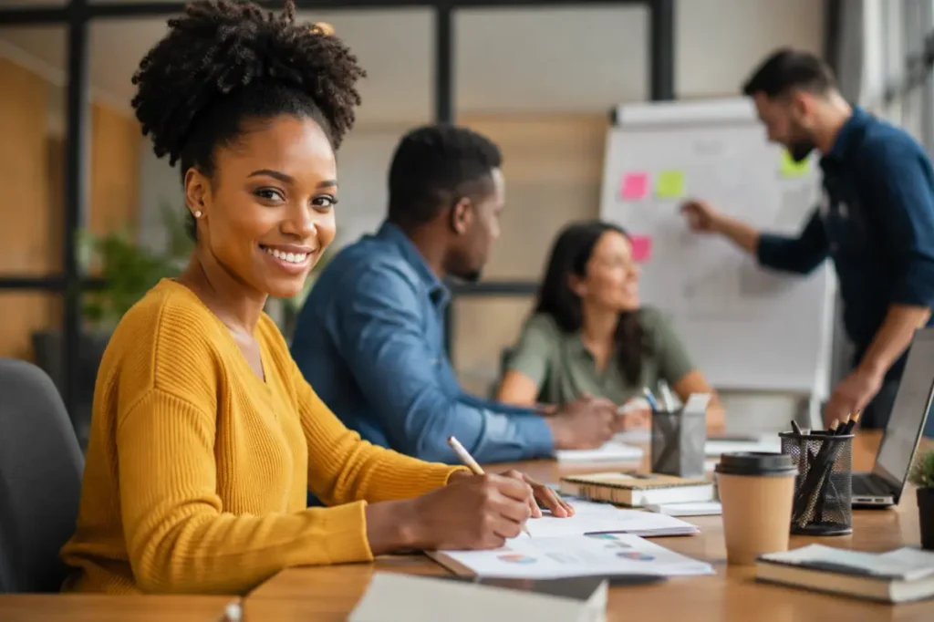 New Venture Creation Learnership participants collaborating in a modern office environment while developing entrepreneurship and business management skills in South Africa.