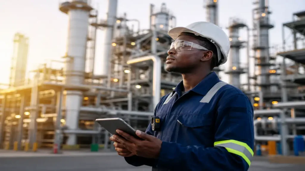 Sasol Chemical Plant Operator Learnership student standing at an industrial refinery in Secunda with large processing towers and energy infrastructure in the background during sunset.