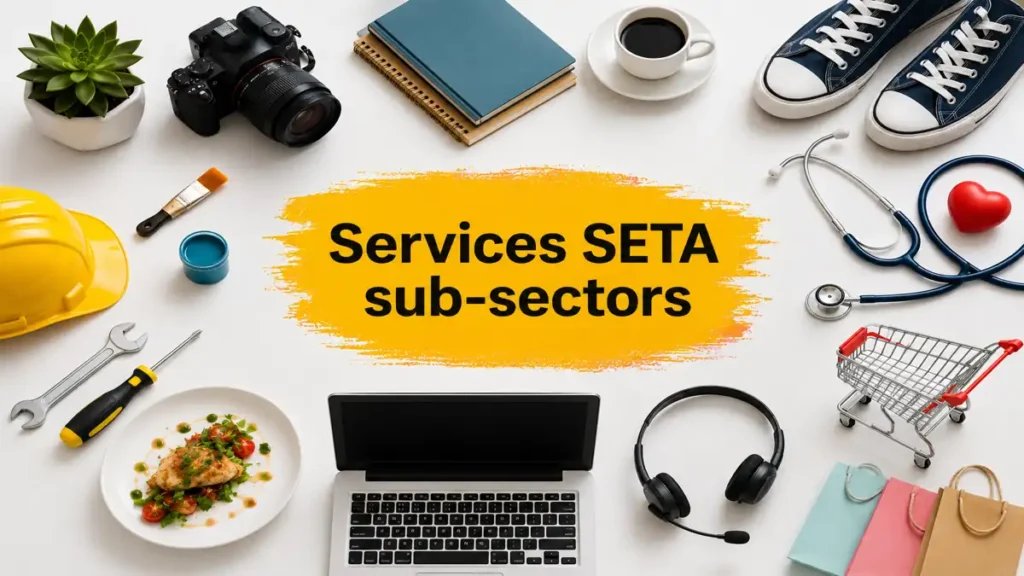 Services SETA sub-sectors career opportunities image showing South African professionals in business, cleaning, beauty, marketing and real estate sectors promoting learnerships, internships and skills development programmes.