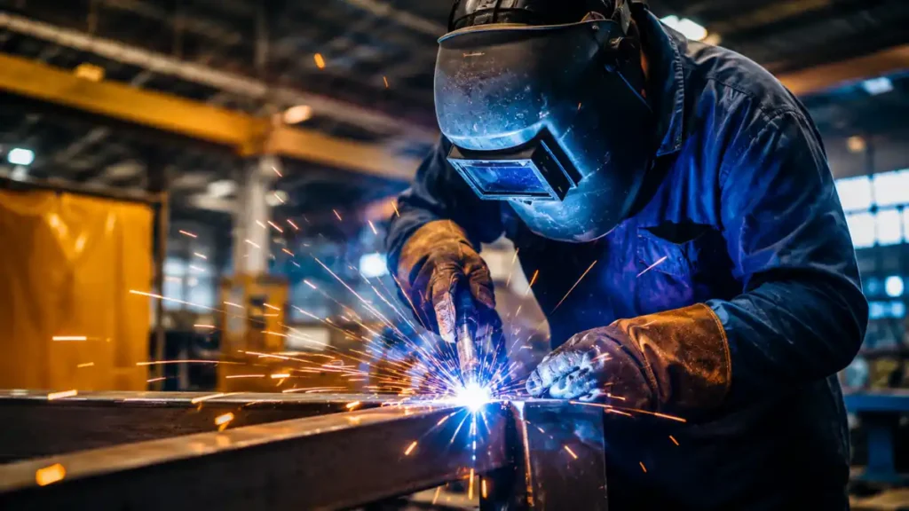 Steinmüller Africa Apprenticeship 2026 welder working in industrial workshop with sparks and heavy machinery in background