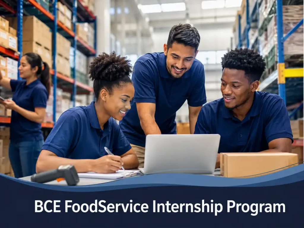 BCE FoodService Internship – graduates working together in a modern warehouse managing inventory and sales operations using a laptop
