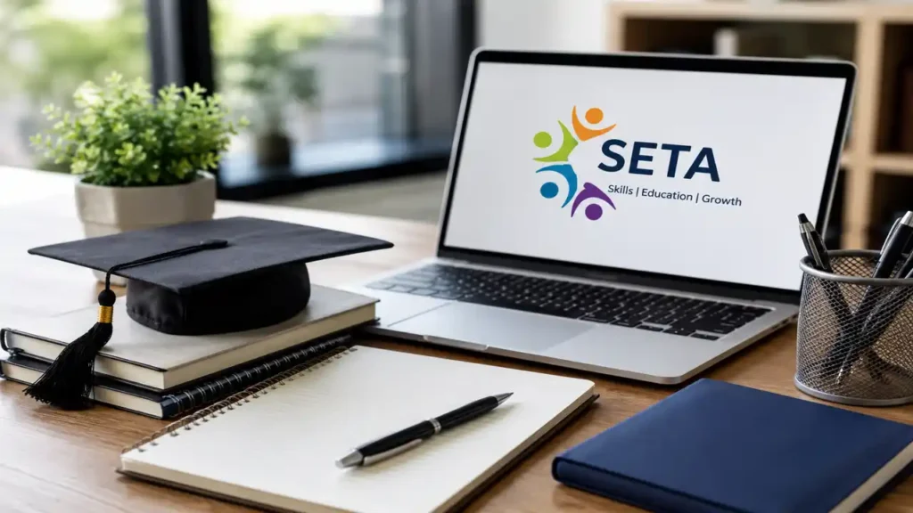 SETA Accredited Learnerships workspace setup with training materials, laptop, graduation cap, and professional study environment in South Africa