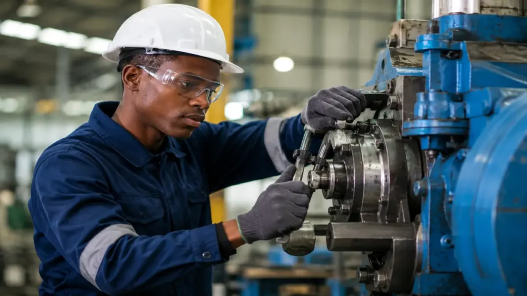 FoodBev Millwright trainee working on industrial machinery at Tshwane South TVET College engineering workshop in South Africa